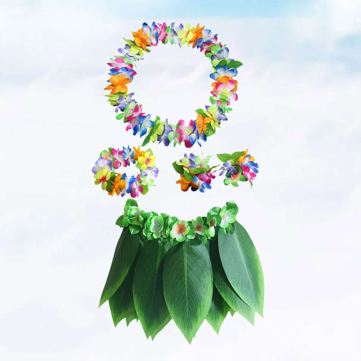 

5pcs Hawaii Performance Costume Tropical Hula Grass Dance Skirt Dressup Flower Bracelets Head Loop Neck Wreath Set (Thicken