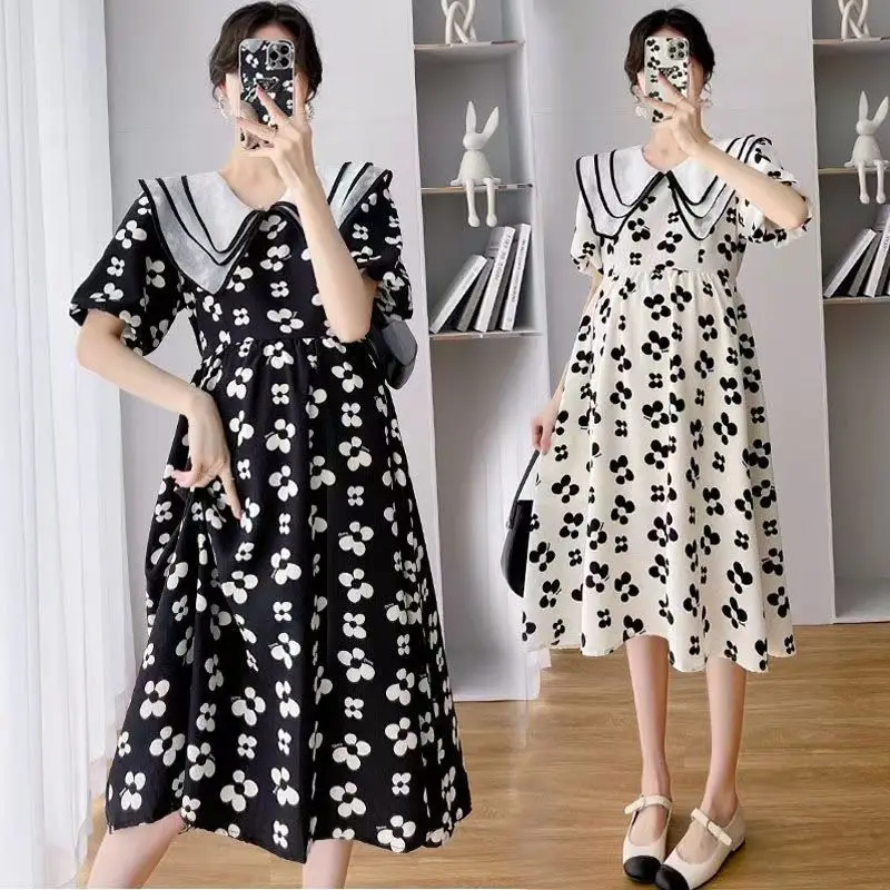 Enlarge Maternity Turn-down Collar Dresses Summer Clothes For Pregnant Women Pregnancy Chiffon Short Sleeve Dress Mother Cool Clothing