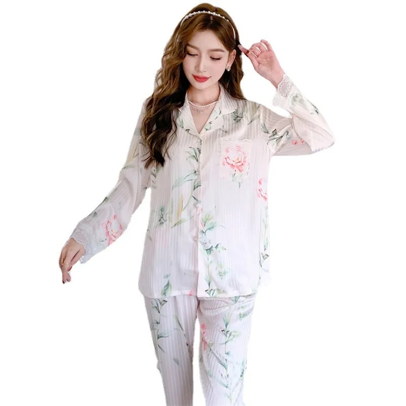 2023 Spring and Autumn New Pajamas Women's Artificial Silk Fashion Color Long-Sleeved Trousers Cardigan Homewear Women's Pajamas