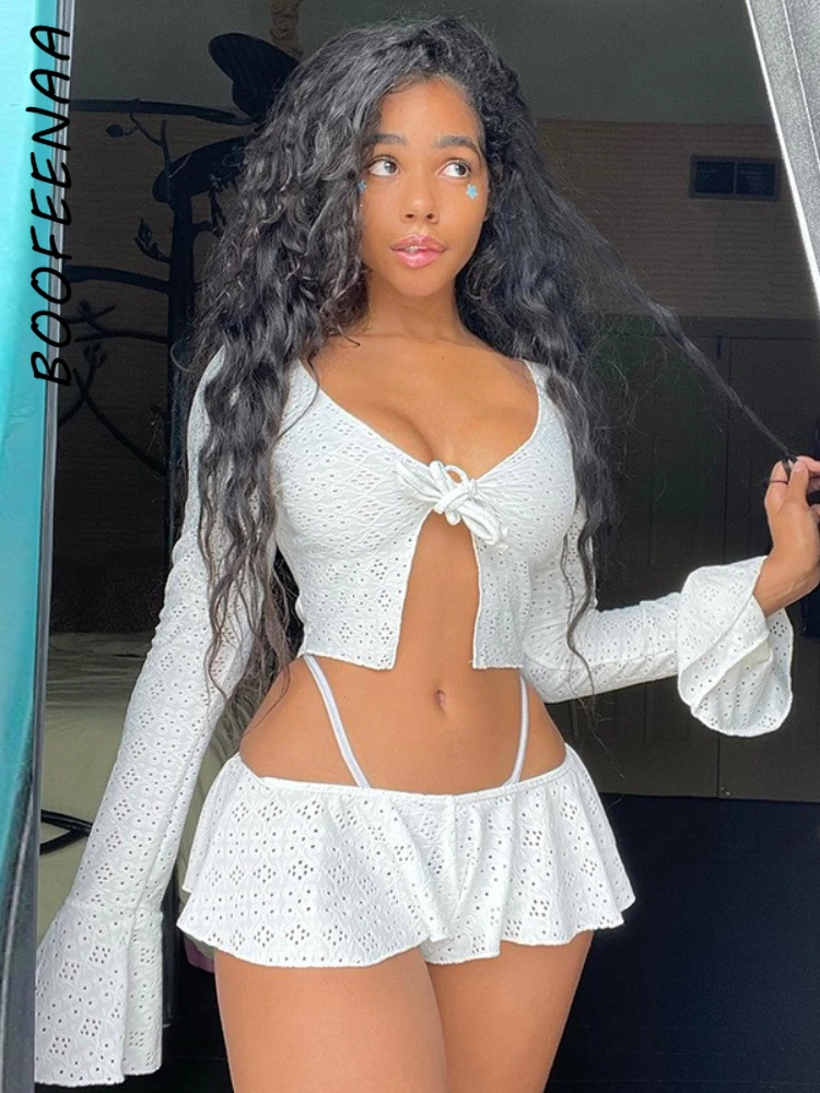 

BOOFEENAA Pink White Lace 2 Piece Set Tie Up Crop Top Micro Shorts Cute Sexy Outfits for Women Matching Sets Loungewear C85-CE20