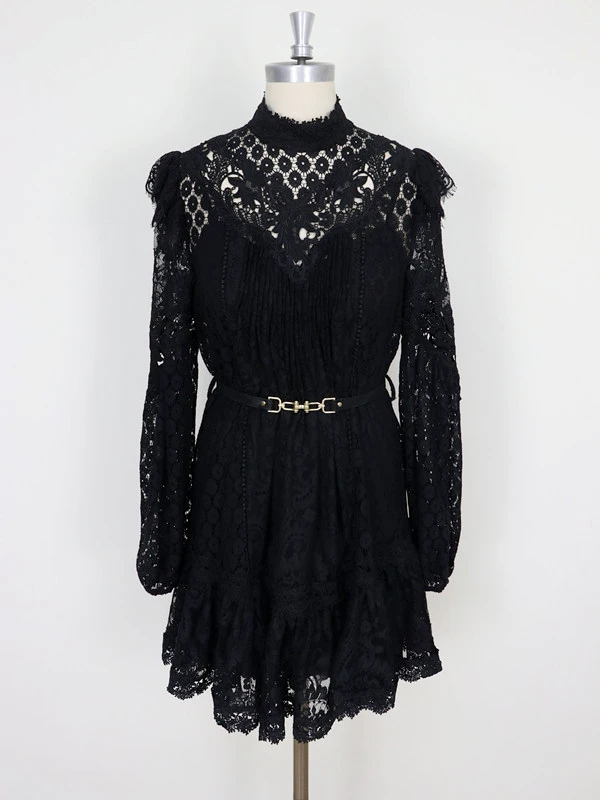 

New Spring Vintage Fuff Sleeves Belted Lace Embroidery Mini Dress Size 0 1 2