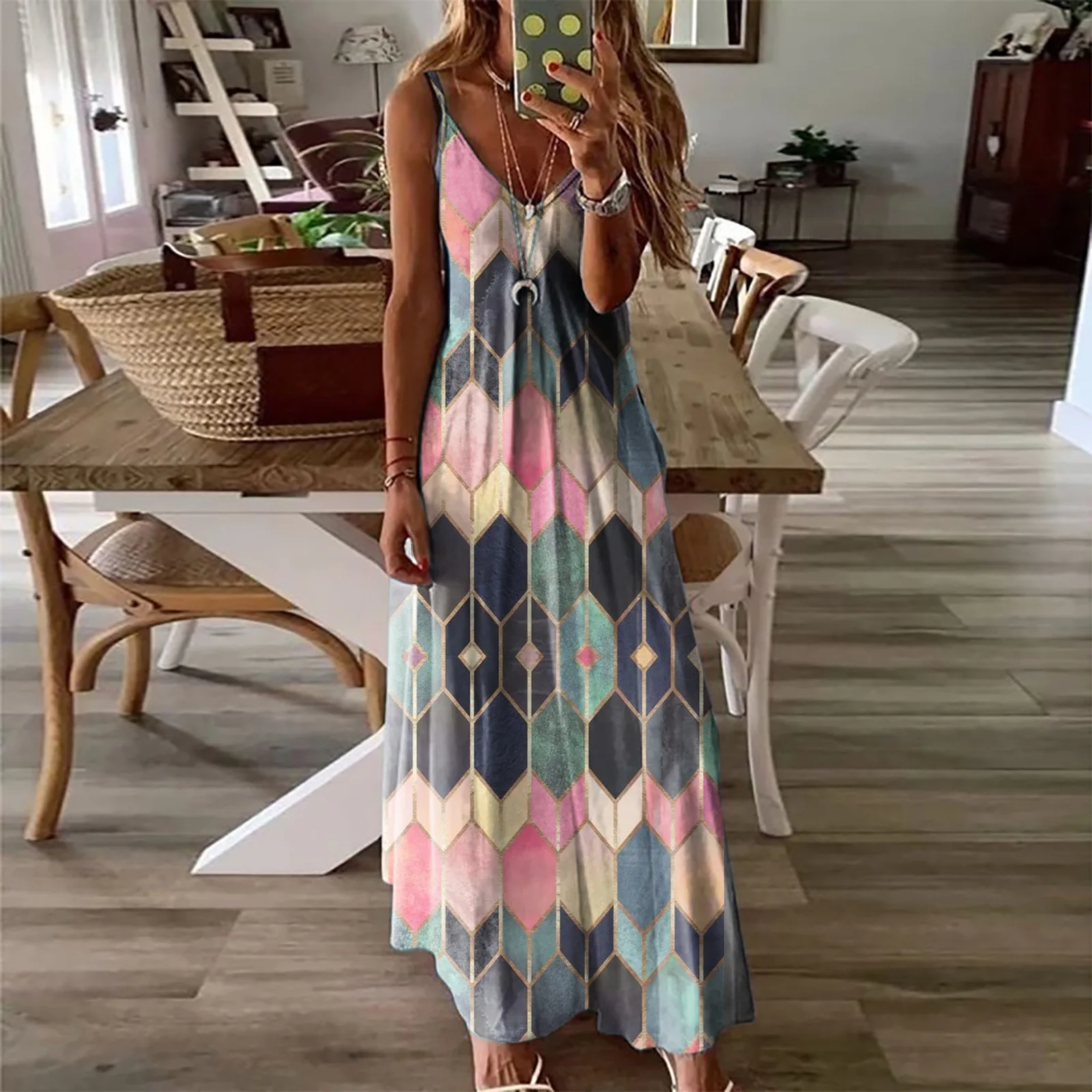 

NEW Women Dresses Ladies Sleeveless V-Neck Camisole A-Line Camisole Casual Printed Long Dress for Women Fashion Mujer Vestido