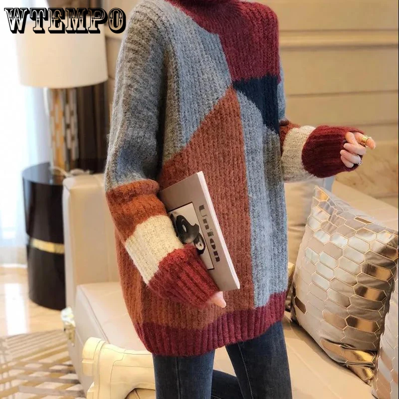 

Contrasting Color Turtleneck Sweater Women Fall and Winter Loose Loose Outside Wear Lazy Style Thickened Sweater Wholesale Zar