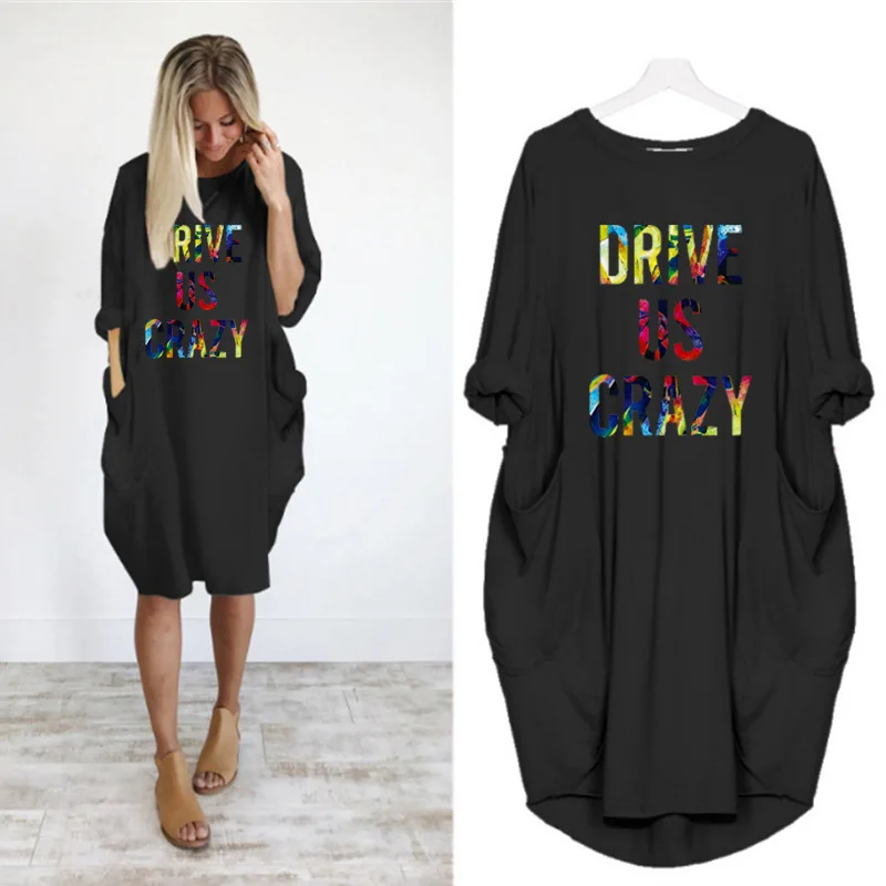 

Summer Dress Women 2022 English Letters Print Long Sleeve O Neck Knee Length Dress Summer Dresses Women Loose Casual Clothes