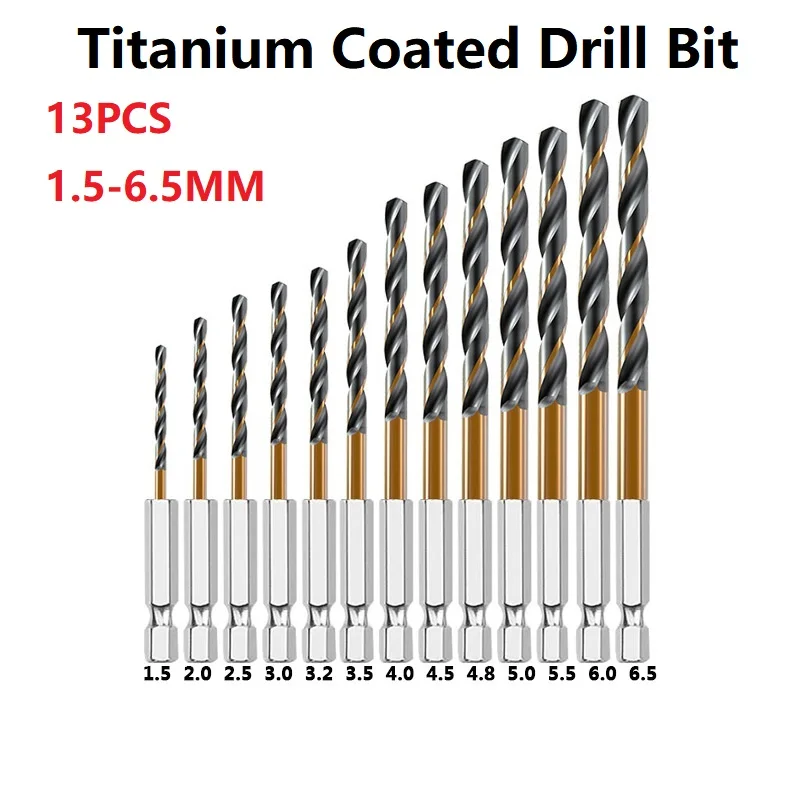 

13pcs HSS High Speed Steel Titanium Coated Drill Bit Set 1/4 Hex Shank 1.5-6.5mm Hexagonal Handle Twist Drill Tools Drilling Bit