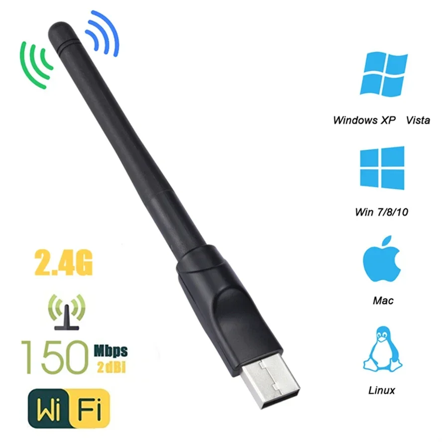 Фото Адаптер USB 2.0 2,4 ГГц, 150 Мбит/с, беспроводная сетевая карта Wi-Fi с антенной, набор микросхем 802.11 b/g/n Ralink MT7601 для портативных ПК, Windows №3