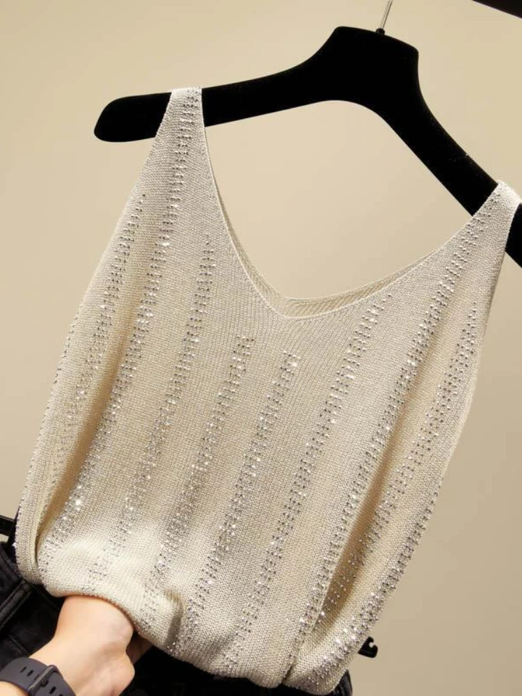 

Fashion Summer White Tank Tops Women Ribbed Vest V Neck Spaghetti Strap Rhinestone Beige Sleeveless Elegant Basic Top Cami