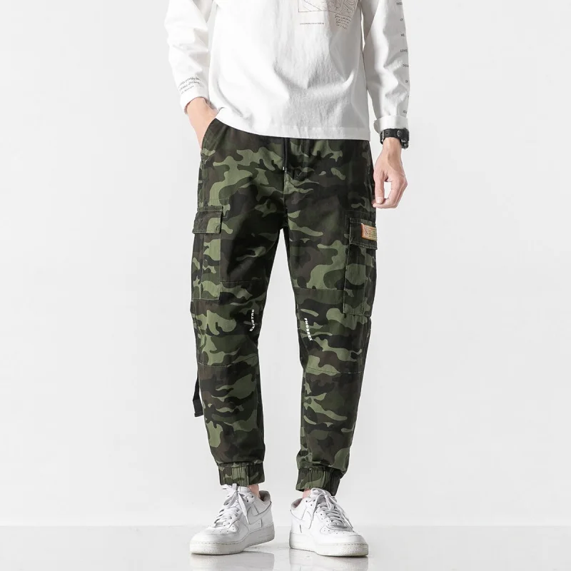 

Men's Spring New Camouflage Cargo Pants Loose Fashion Brand Ankle Banded Elastic Waistband Lace-up Casual Pants Korean Feet Pant