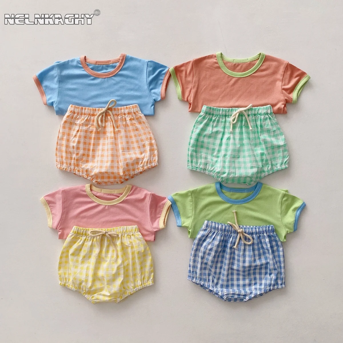 Infant Newborn Girls Boys Summer Short Sleeve Patch Top Tees Plaid Bottoms Kids Baby Clothing Cotton Sets 2pcs 0-24M