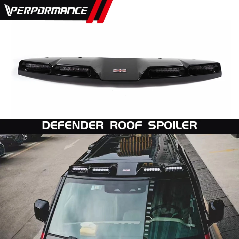 

Glossy Black Car Front Spoiler For Defender 90 110 Front Wings Carbon Fiber Spoiler With 4 LED Style Defender Roof Spoiler Black