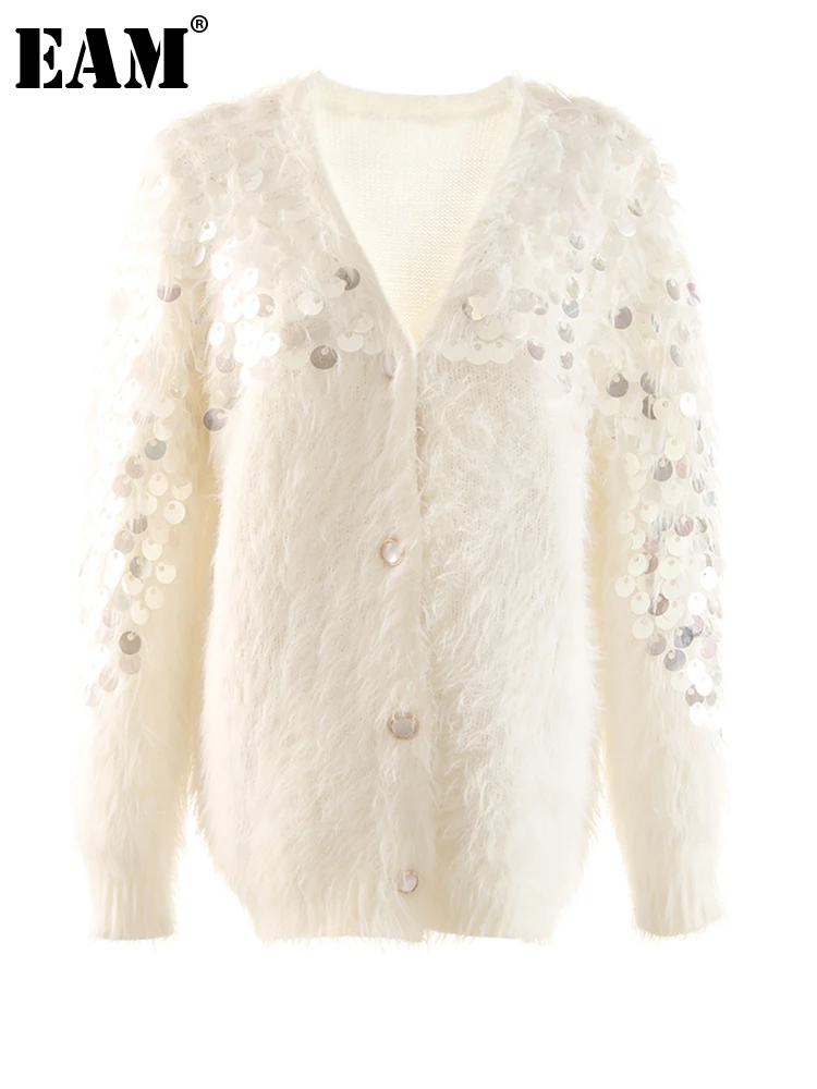 

[EAM] White Sequins Knitting Cardigan Sweater Loose Fit V-Neck Long Sleeve Women New Fashion Tide Autumn Winter 2023 1DF3567