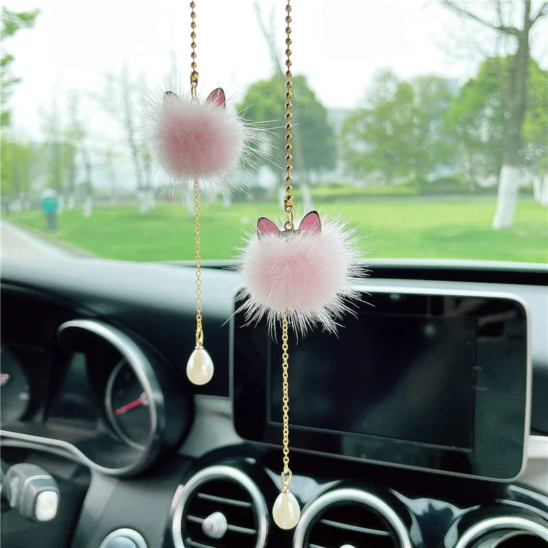 

Car Rear View Mirror Hanging Accessories for Women, White/Pink Plush Ball Car Rearview Mirror, Lucky Ornament Pendant （Cat）