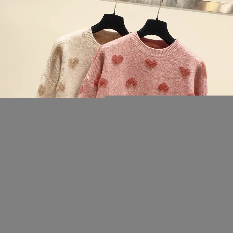 

2022 Women Warm Long Sleeve Sueter Imitation Water Velet Print Winter Clothes Pink O Neck Loose Pullover Heart Pattern Sweater