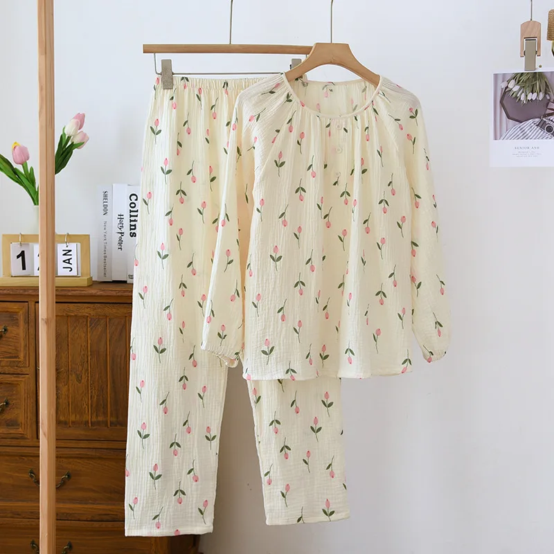 

2023 New Crepe Cotton Tulip Round Neck Pajamas Spring And Autumn Simple Casual Long-Sleeved Trousers Ladies Thin Home Clothes