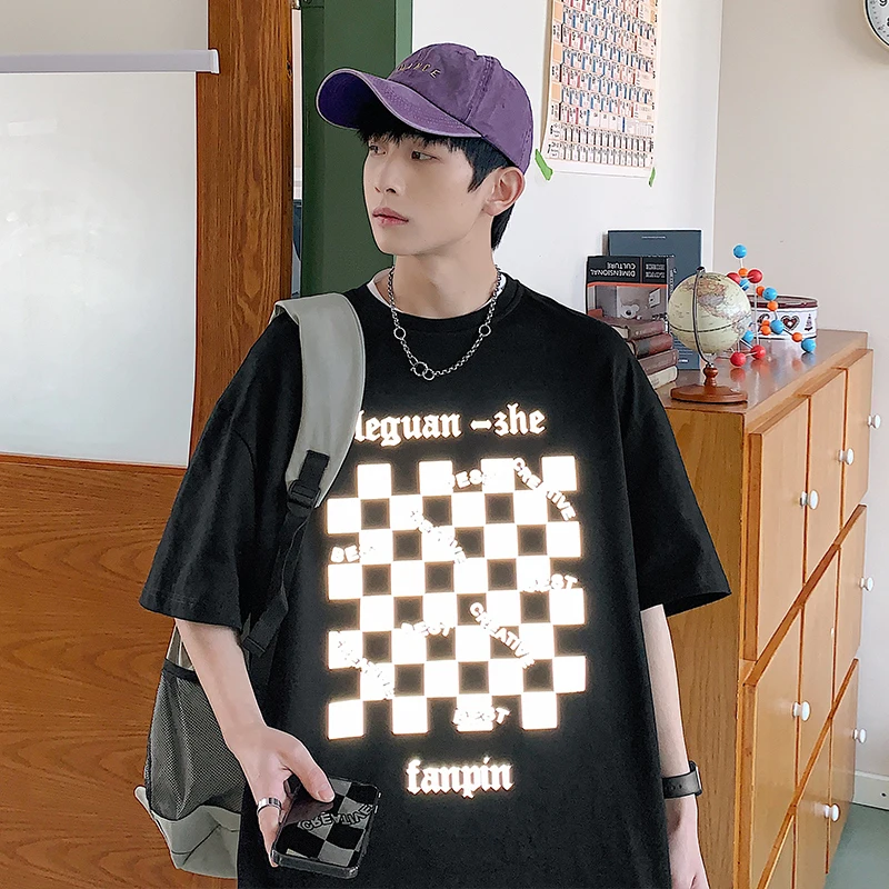 

Reflective Checkerboard Graphic Tees Mens Summer Fashion Trends Plus Size Streetwear Oversized Tops Cotton Short Sleeve T Shirts
