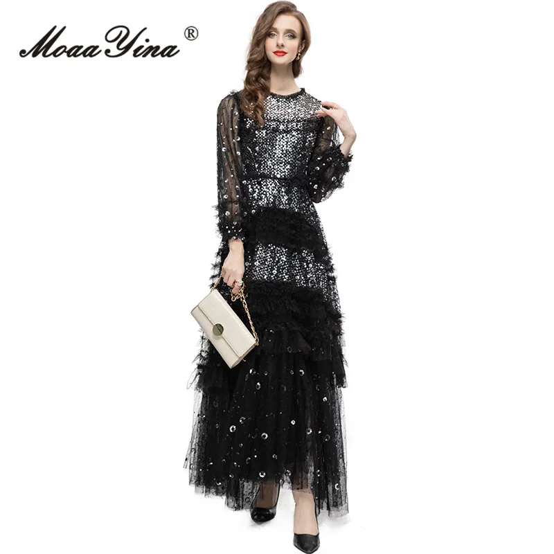 MoaaYina летнее модное Дизайнерское черное винтажное вечерние платье женское с