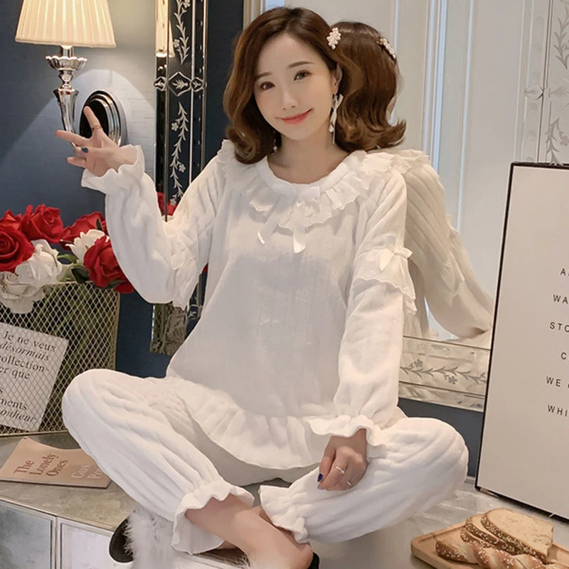 Coral Velvet Pajamas Women Autumn Winter Korean Style Sweet and Lovely Princess Style Home Clothes Flannel Thickening Suit