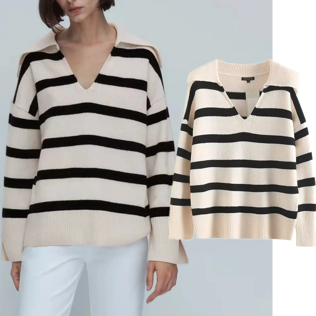 

Maxdutti England Style Fashion Polo Collar Tops Striped Loose Sweaters Women Casual Pullovers