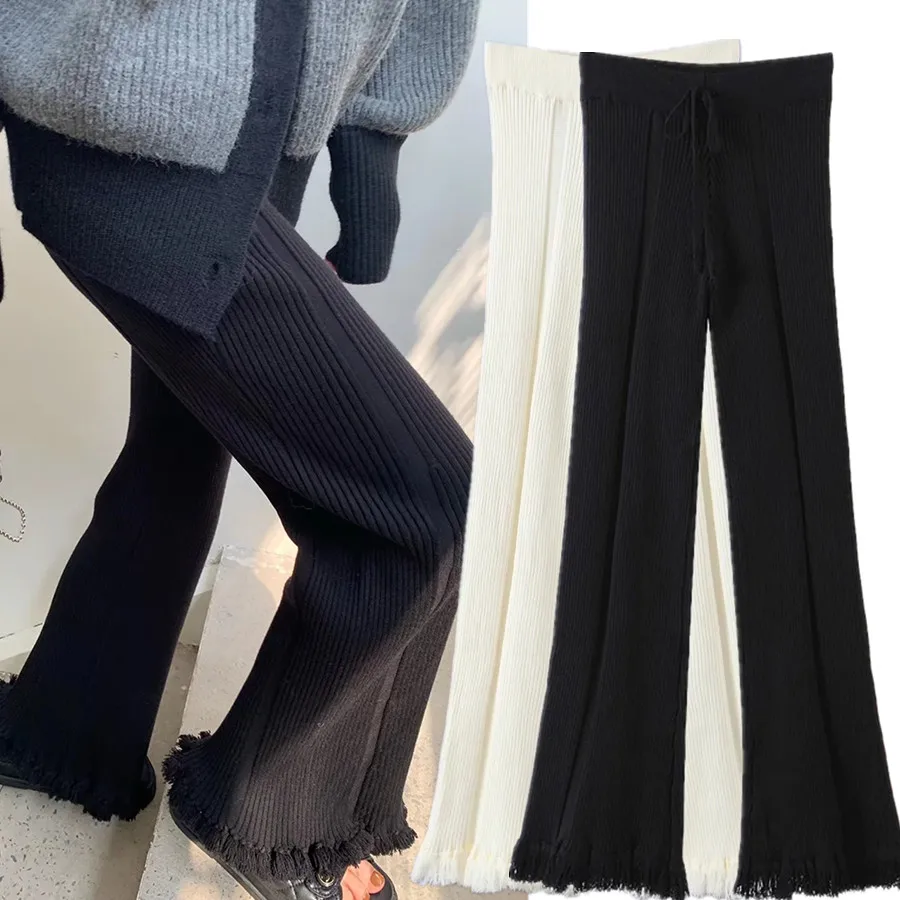 

Dave&Di Ins Blogger Fashion Tassels Flare Knitted Pants Women Pantalon Femme Trousers Women 2022 New In Casual Pants Women