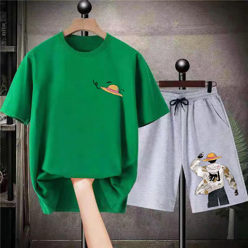 Summer Cotton T Shirt and Shorts Sets Japan Style Men 2 Pieces Set Women Anime Print Tracksuit Oversized High Quality T-Shirts