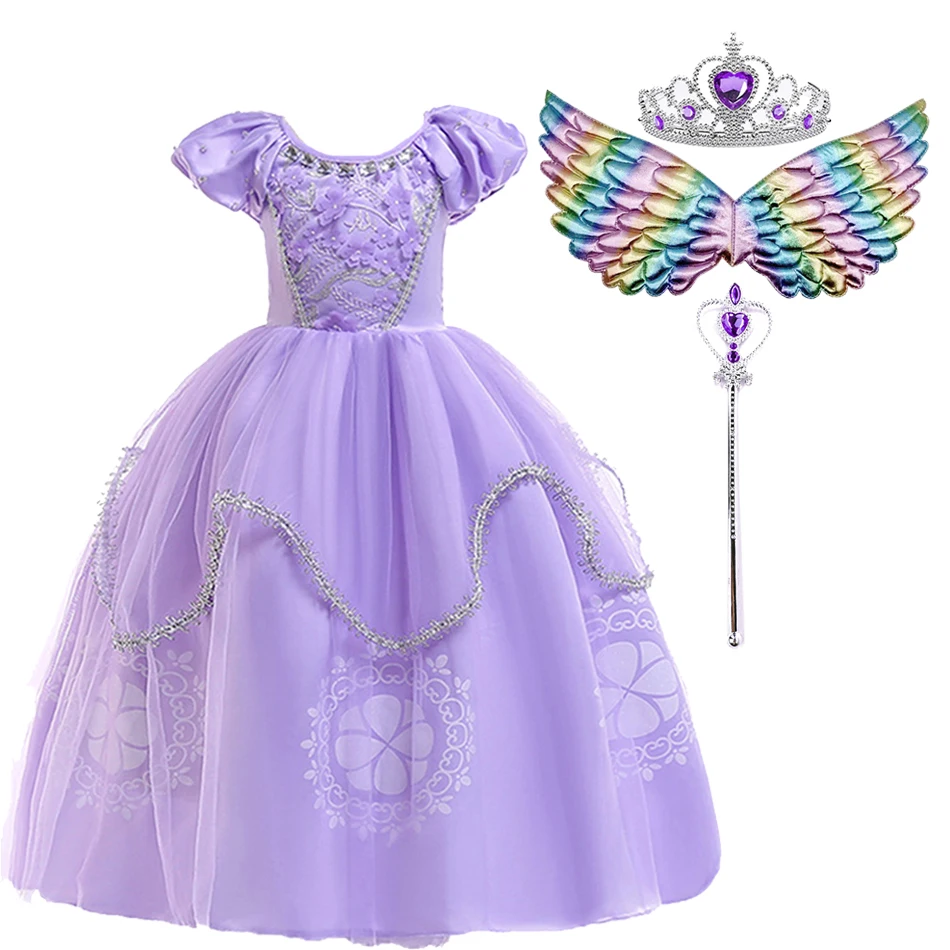 

От 3 до 10 лет Детская футболка с принтом с принцессой Софией для девочек праздничный костюм на день рождения для девочек летнее сиреневое на...