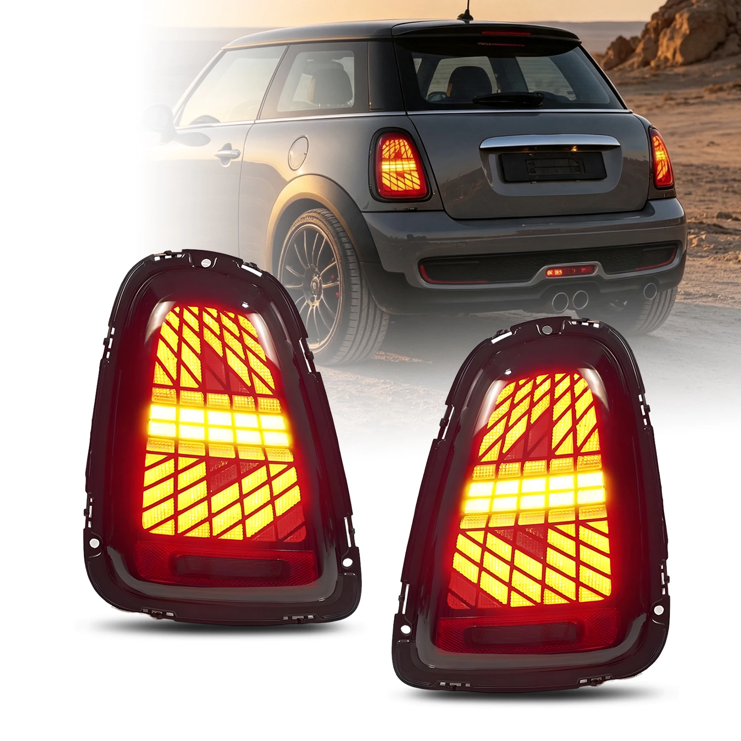 Фото Светодиодные задние фонари HCMOTIONZ для Mini R56 R57 R58 R59 2007-2014 с последовательной подсветкой, анимацией запуска, ДХО, стоп-сигналом, двойной подсветкой заднего хода и противотуманными фарами (красные/дымчатые) №1