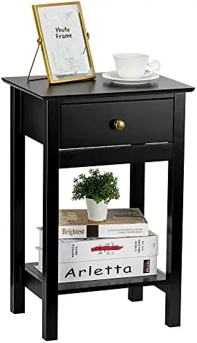 

Stand Small Side Table with Drawer & 1 Shelf, 2 Tier Brown End Table with Storage, Wood Side Tables Living Room Table Bedsid Sma