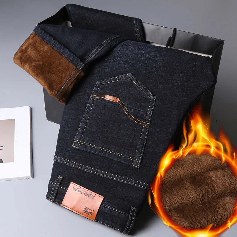 Classic Casual Winter New Business Casual Men's Straight Jeans Fleece Thick Warm Fit Cotton Stretch Mid High Waist Trousers