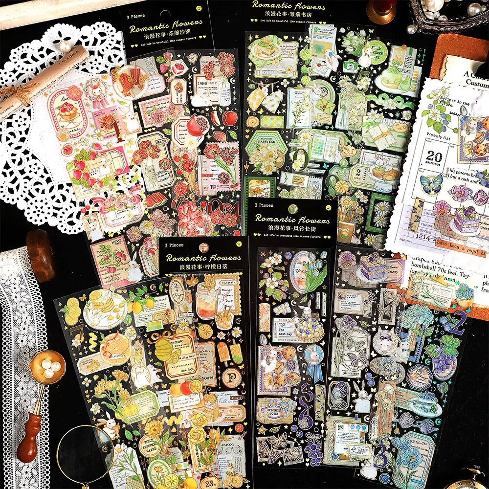 

NEDIE 3pcs/pack Floral Stickers Gold Foil Cute Scrapbooking Craft DIY CUT Collage Junk Journal Supplies Decor Materials Stickers