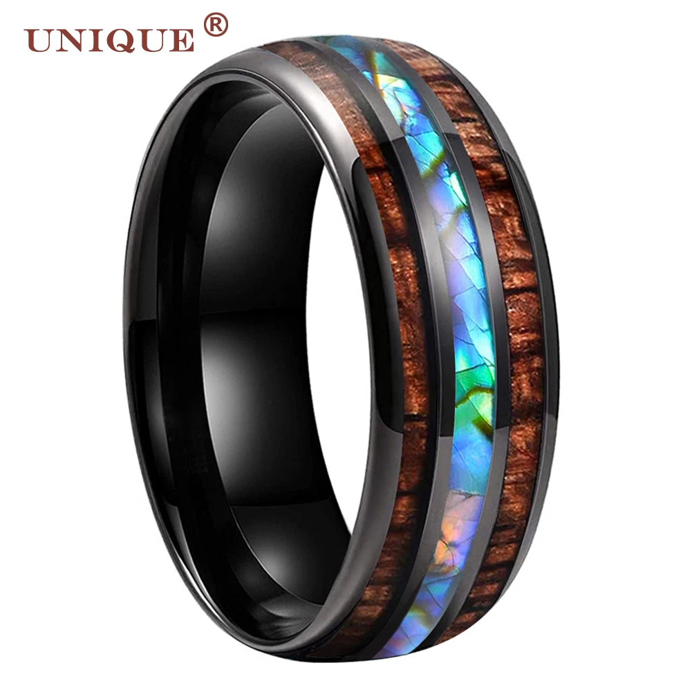 

Unique Jewel Mens Wedding Band Koa Wood Shell Inlaid Trendy Tungsten Carbide Ring with Domed Edges Comfort Fit Anniversary Gift