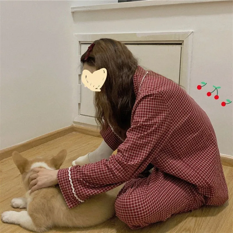 Japanese Pajama Women Long Sleeved Autumn Winter Sleepwear Set Red Plaid Pyjamas Girls Home Clothes for Female 2021 Homewear