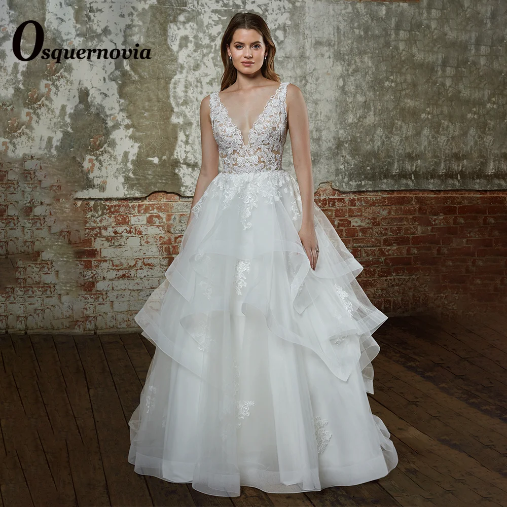 

Osquernovia Ruffles A-line Wedding Dresses 2023 V-neck Backless Sleeveless Appliques Court Train Abito Da Sposa Custom Size