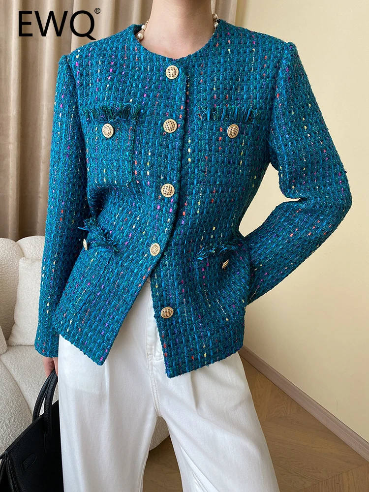 

EWQ High End Tweed Coat For Women Blue Round Neck Single Breasted Long Sleeve Elegant Female Jackets 2023 Autumn New 26D4905