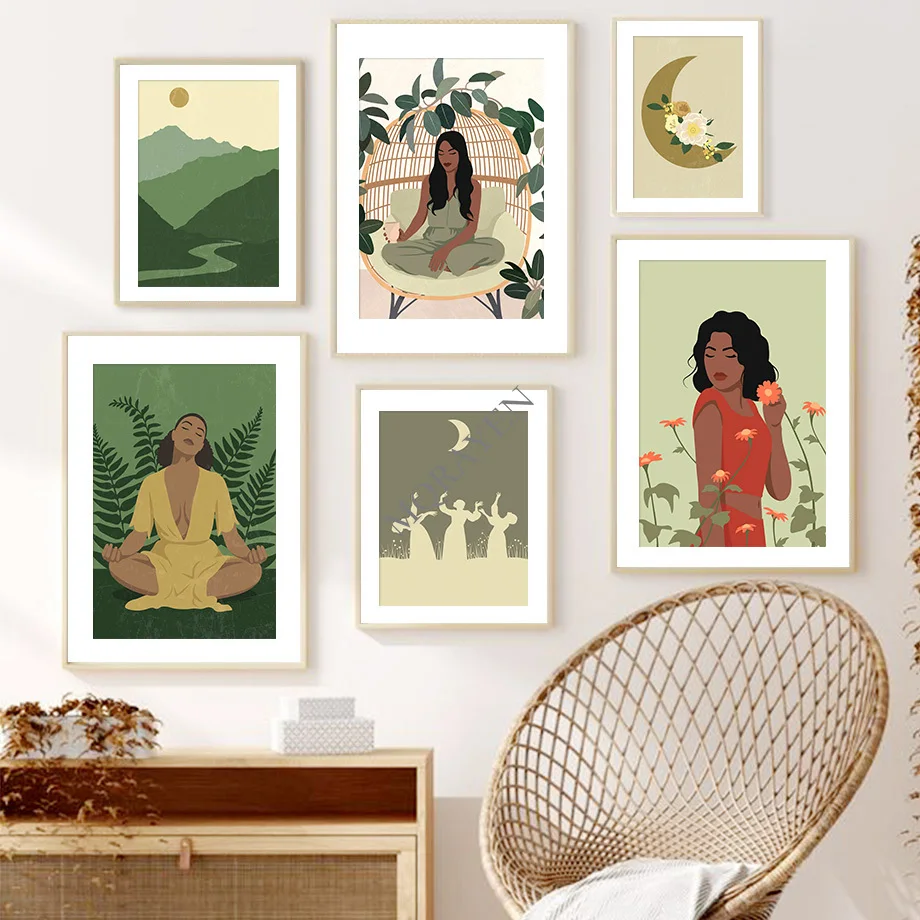 Йога девушка Солнце Луна листья абстрактная иллюстрация Художественная Картина