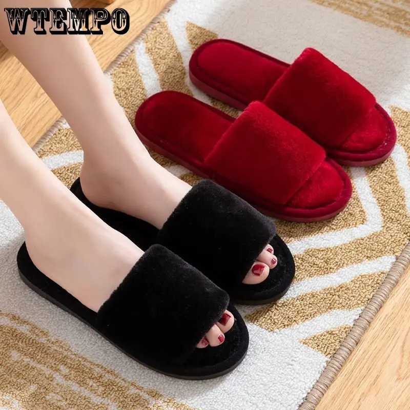 WTEMPO Winter Slippers Women Fashion Fluffy Home Slides Indoor Floor Ladies Solid Colour Plush Warm Cotton Shoes Wholesale