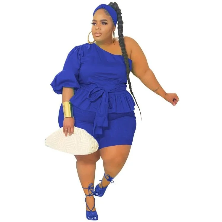 Plus Size Summer Oversize One Shoulder Women Two Pieces Set Ruffles Sash Short Sleeves t Shirt Tight High 3xl 4xl 5xl 6xl