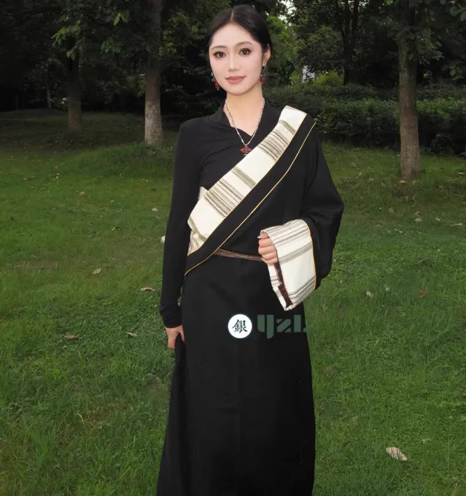 Китайский Xizang женский полосатый Пномпень Kangba Тибетский халат сценический костюм