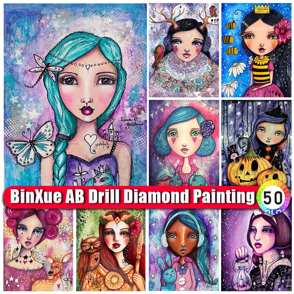 

BinXue 5D DIY Cartoon Colorful Girl AB Diamond Painting Flower Bee Butterfly Cross Stitch Animal Owl Deer Handmade Mosaic Art