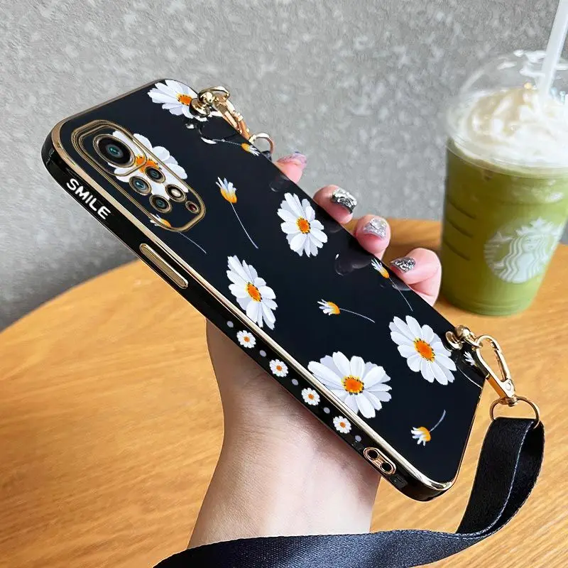 

Chrysanthemum Flower Lanyard Plating Phone Case For Xiaomi Redmi Note 11 Pro Plus 10 Pro 12 9S 12Pro Plus 11 11S 8 Pro Cover