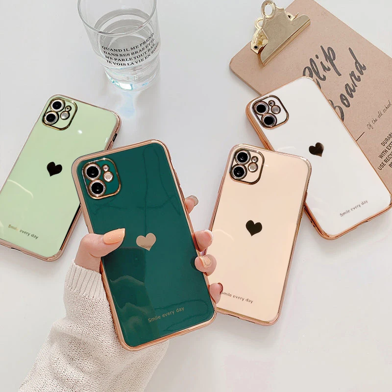 

Electroplated Love Heart Phone Case For iPhone 12 13 11 Pro Max XR X XS Max 7 8 Plus Soft Silicone Camera Protective Back Cover