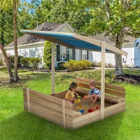 Kids Outdoor Wooden Sandbox with Lid and 2 Benches UV Protection Canopy Retractable for Garden Lawn Patios