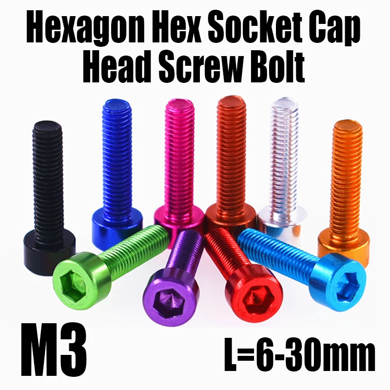 Купи 10PC M3 L=6-30mm Colored Aluminium Alloy Hexagon Hex Socket Cap Head Screw Bolt Cup Head Allen Bolt Screw For DIY/Aircraft Model за 194 рублей в магазине AliExpress