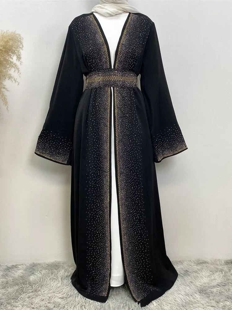 Eid Muslim Abaya for Women Diamond Kimono Cardigan Dress Pocket Ramadan Lace-up Abayas Kaftan Dubai Arab Long Robe Vestido Largo