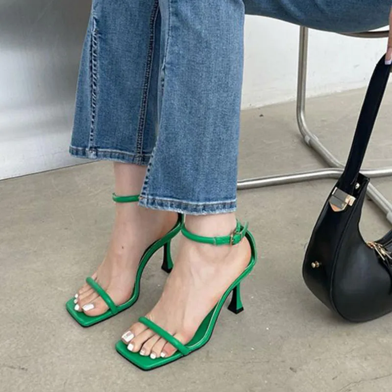 

2022 Summer New Women Green Sandal Fashion Brand Narrow Band Ladies Elegant Gladiator Thin High Heel Dress Pumps Shoes Mujer