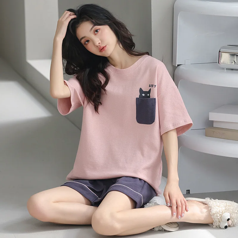 The New Pajamas for Women's Summer Cotton Waffle Short-sleeved Shorts Highend Comfortable Home Service Suits Can Be Worn Outside