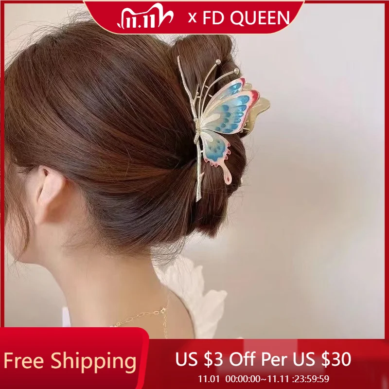 

2022 New Korean Painted Butterfly Hair Claws Elegance Shark Clip Large Metal Hair Clip for Women Girl Fashion Hair Accessories
