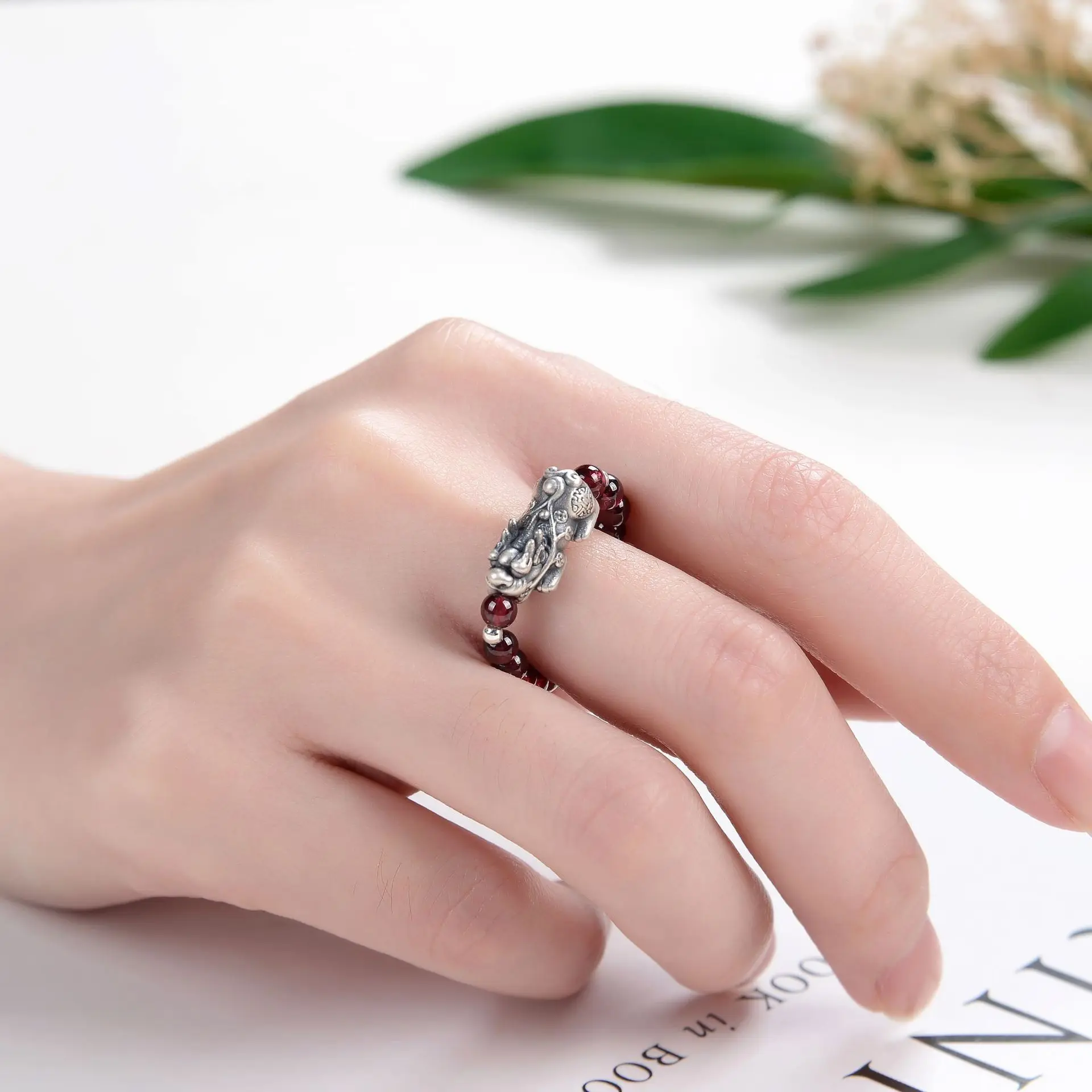 

925 Silver pixiu natural stone bead ring for men women Vintage Crystal Moonstone Agate Garnet Ring lucky couple jewelry gift