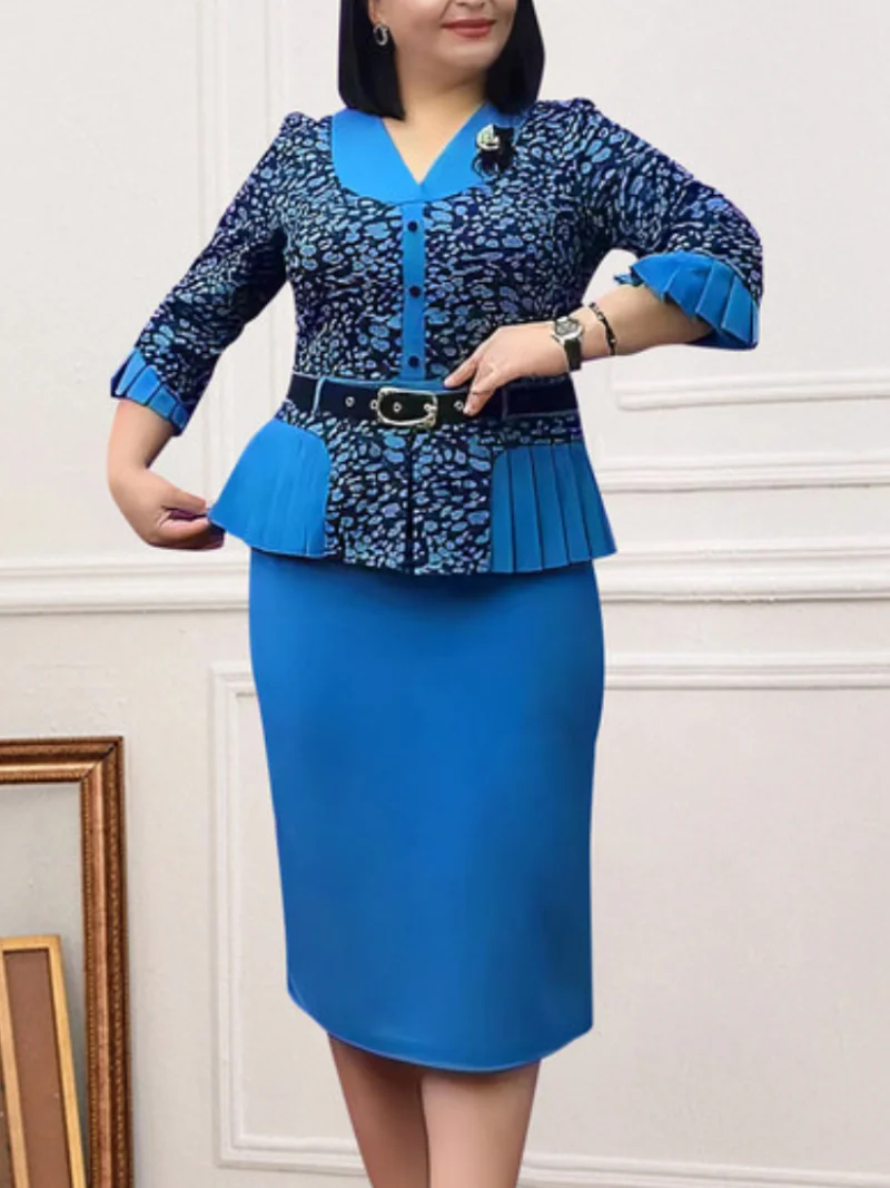 Snow Leopard Printed 2 Piece Sets Women V Neck Patchwork Pleated Top with Belt Solid Skirt Vintage African Event Big Size Suits