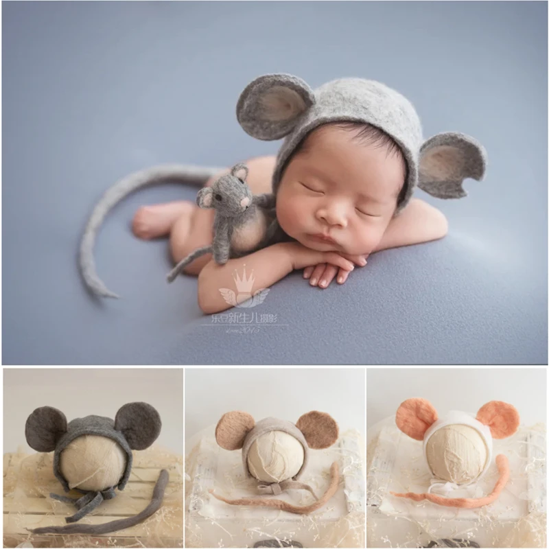 Dvotinst Newborn Photography Props for Baby Handmade Wool Mouse Bonnet Hat Tail 2pcs Set Fotografia Studio Shooting Photo Props