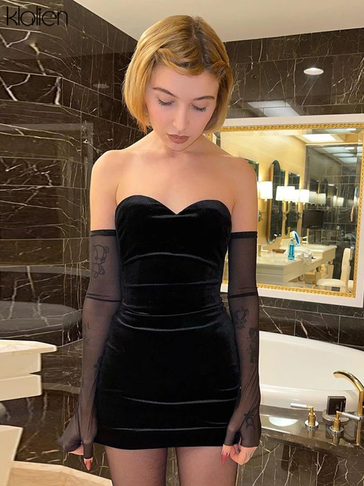 

KLALIEN Fashion Sexy Party Beach Birthday Black Strapless Dress Women New Simple Slim Removable Mesh sleeves Female Dress